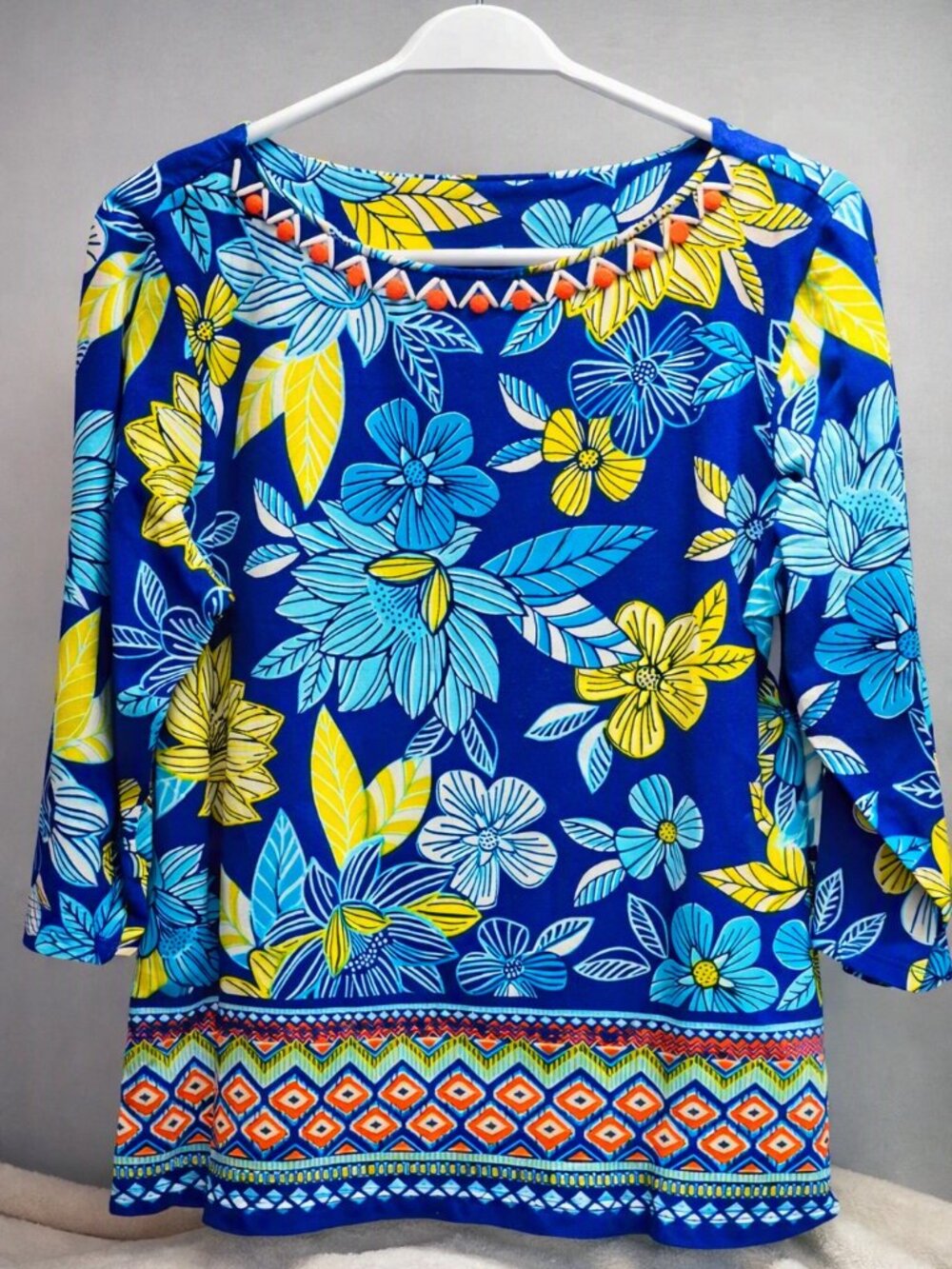 Ruby Rd. Floral Border Print Long Sleeve Top XL Navy Blue Yellow